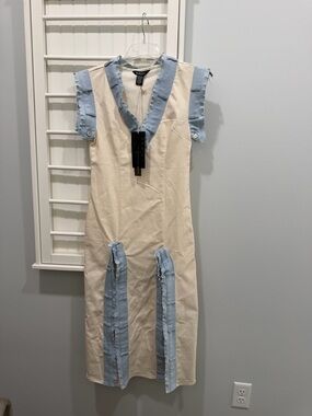 Light Blue-Trim Cream Midi Dress with Ruffle Accents